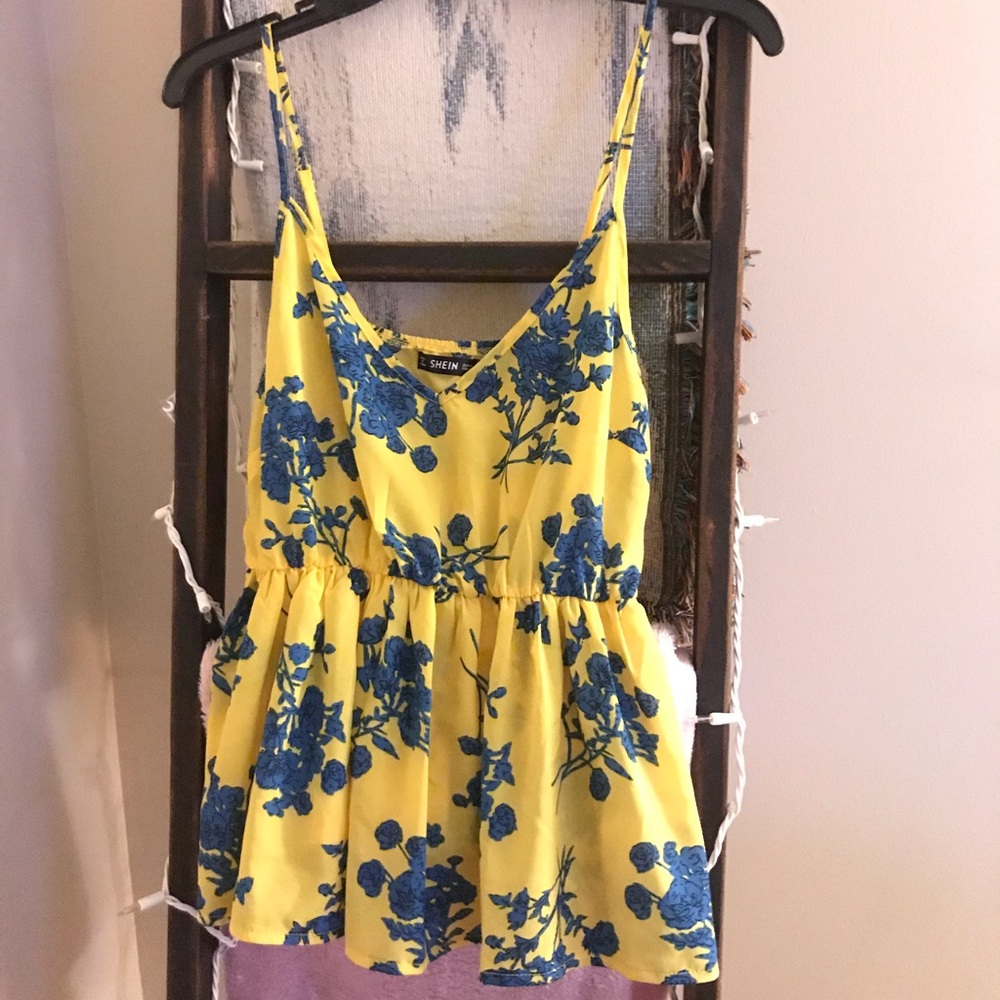 Yellow & Blue Floral Peplum Tank